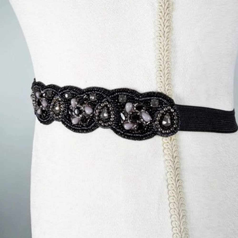 Stunning Special Occasion Statement Waist Belt Black Blue Beaded Stretch Size S